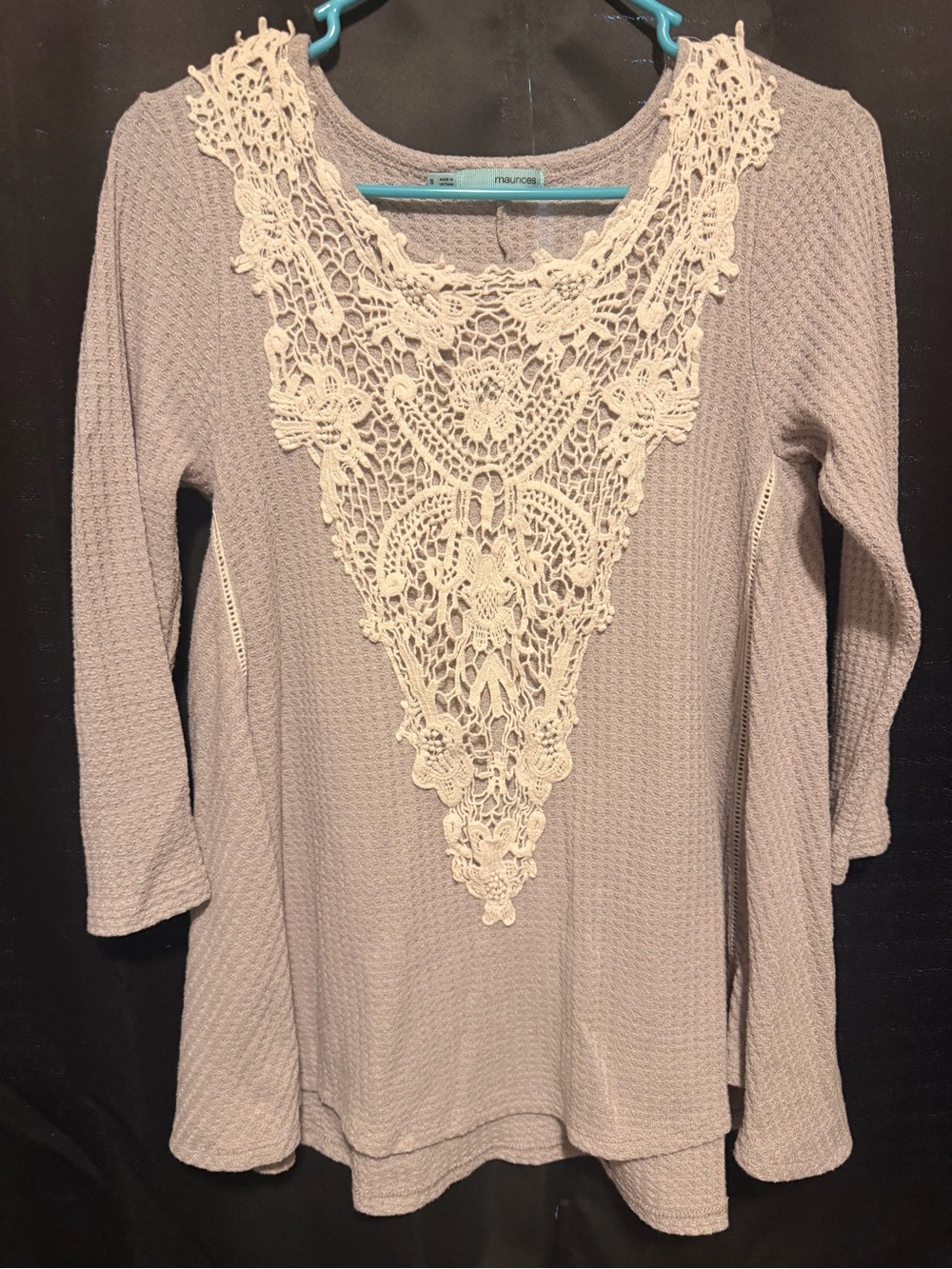 Maurices Lavender Long-Sleeve Top with Cream Crochet V-Front